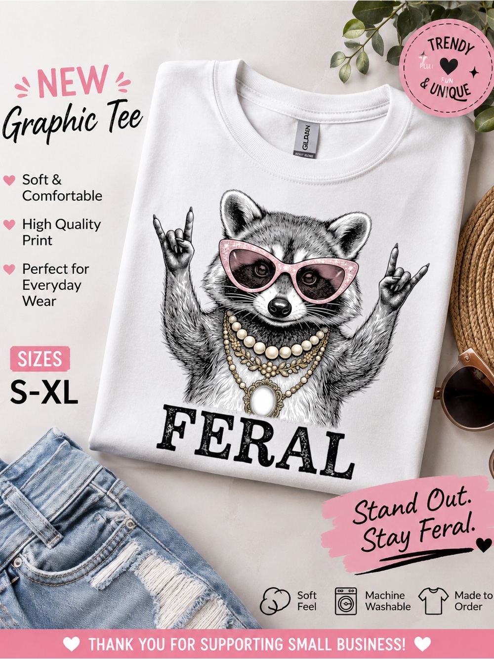 Feral Raccoon Tee with Pink Sunglasses Raccoon funny trending new made S M L XL